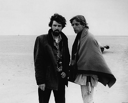 George Lucas and Mark Hamill on location for the Star Wars shoot
