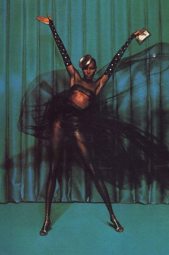 Grace Jones in Black Lace Dress