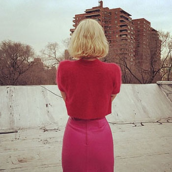 Blonde Girl in Hot Pink Leather Skirt and Sweater