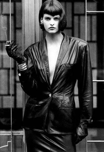 Linda Evangelista Smoking Cigarette in Leather Suit
