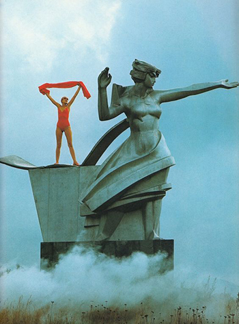 Norman Wilkinson Brutalist Statue with Woman in Red Dress for Vogue Magazine