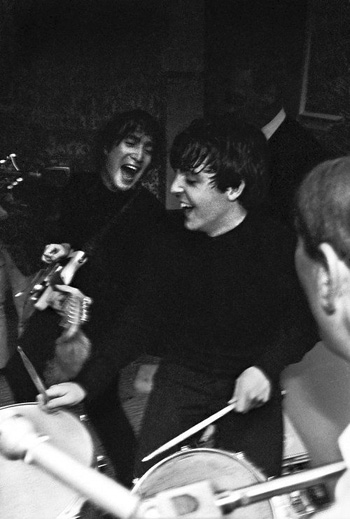 Rare Photograph of John Lennon and Paul McCartney of The Beatles Jamming with Paul on Drums